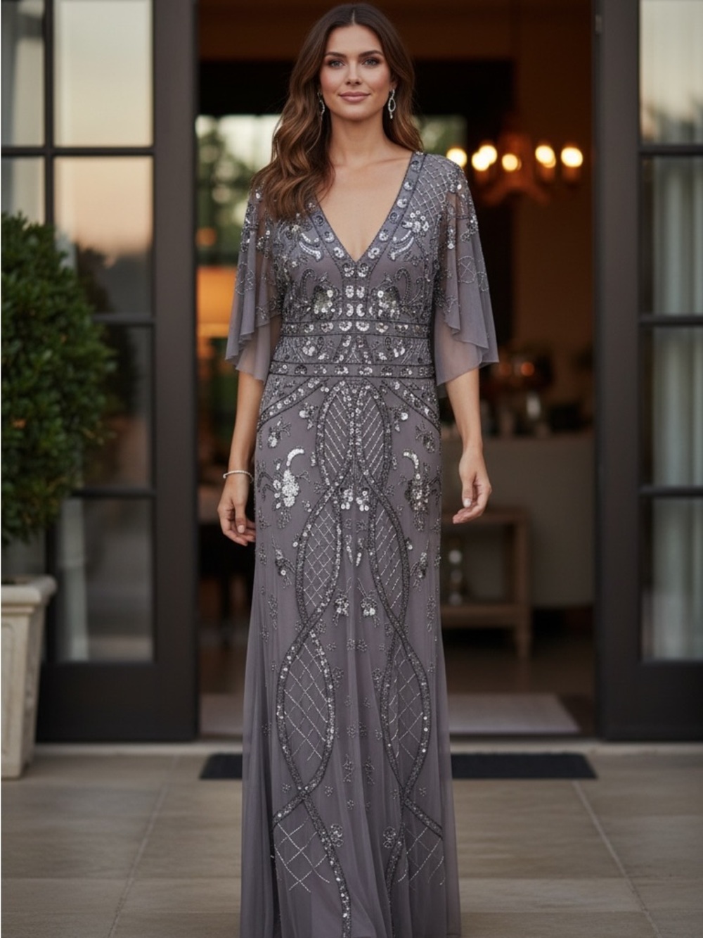 Adrianna Papell Silver-Gray Beaded V-Neck Maxi Dress